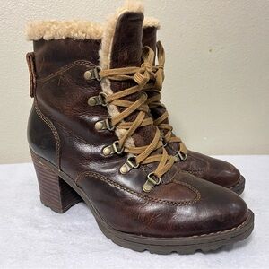 Born Bellatrix Leather Laceup Boot Brown Shearling Lined Chunky Heel Size 10/42